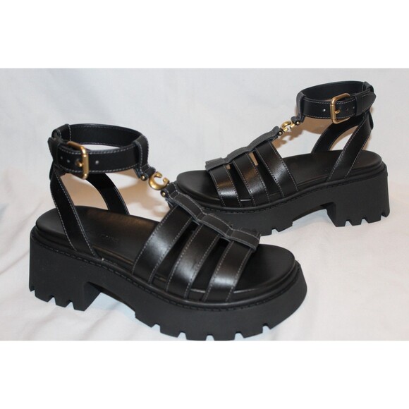 Coach Sculpted C Fisherman Platform Sandals Black Leather NIB $250 - Picture 4 of 6